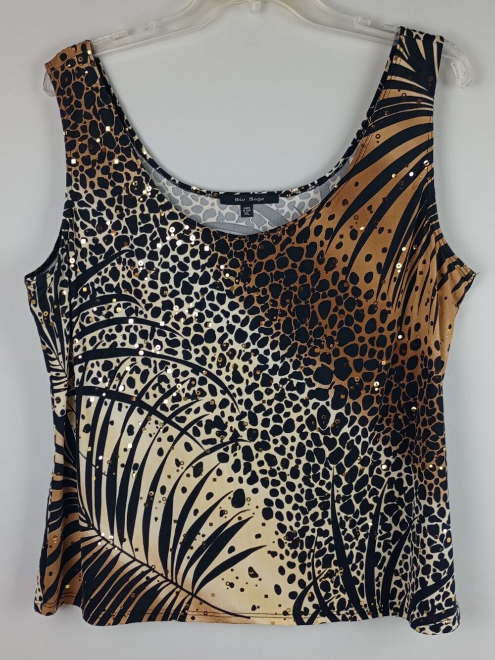 Blu Sage Womens XL Black Tan Cream Cheetah Print‎ Leaf Gold Sequins Tank Top